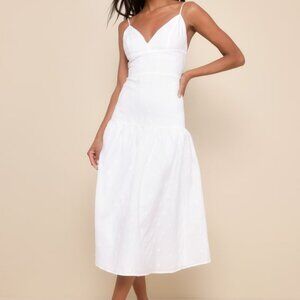 Lulus Serene Charm White Textured Embroidered Drop Waist Midi Dress - Size L